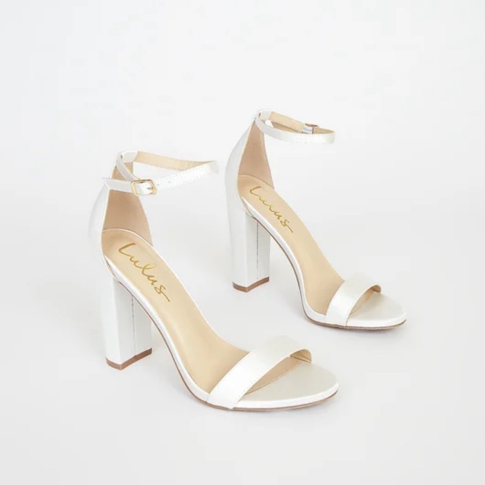 Lulu’s Taylor Ivory Satin Ankle Strap Heels